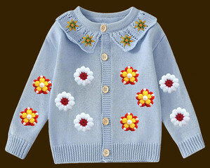 Girls Flower floral Knitted Long Sleeves Pullover Sweater With Peter Pan Design Patterns Jumper and Colorful Colorblock Floral Knitwear Sweater Fashionity on Isolation Brown Background. Top-10 Everyda