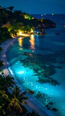 Obraz premium Breathtaking nighttime view of tropical beach with glowing bioluminescence and soft lights creating a magical paradise