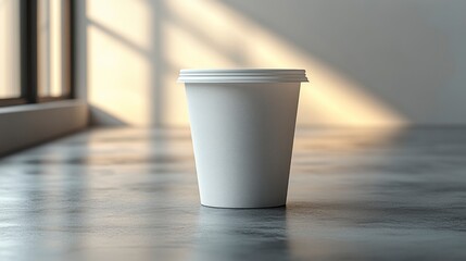 White paper cup with a lid on concrete floor