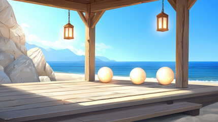 Obraz premium Serene beach scene featuring wooden pavilion with glowing orbs, surrounded by mountains and ocean waves