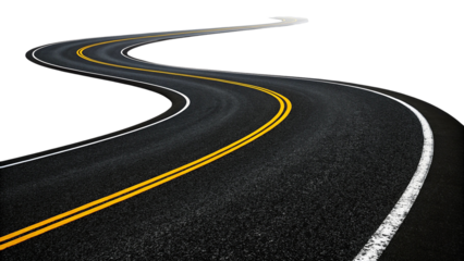 A winding asphalt road with white lane markings that curves dramatically is isolated on a transparent background, symbolizing journey and exploration