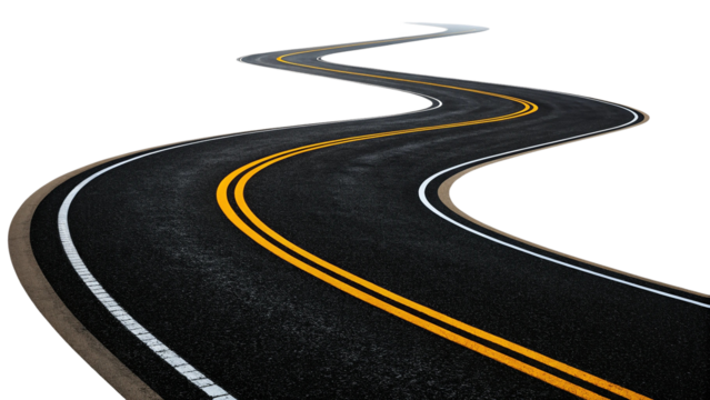 A winding asphalt road with white lane markings that curves dramatically is isolated on a transparent background, symbolizing journey and exploration