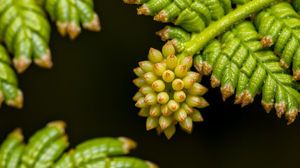Sorus cluster on the underside of a fern leaf. Macro photography.