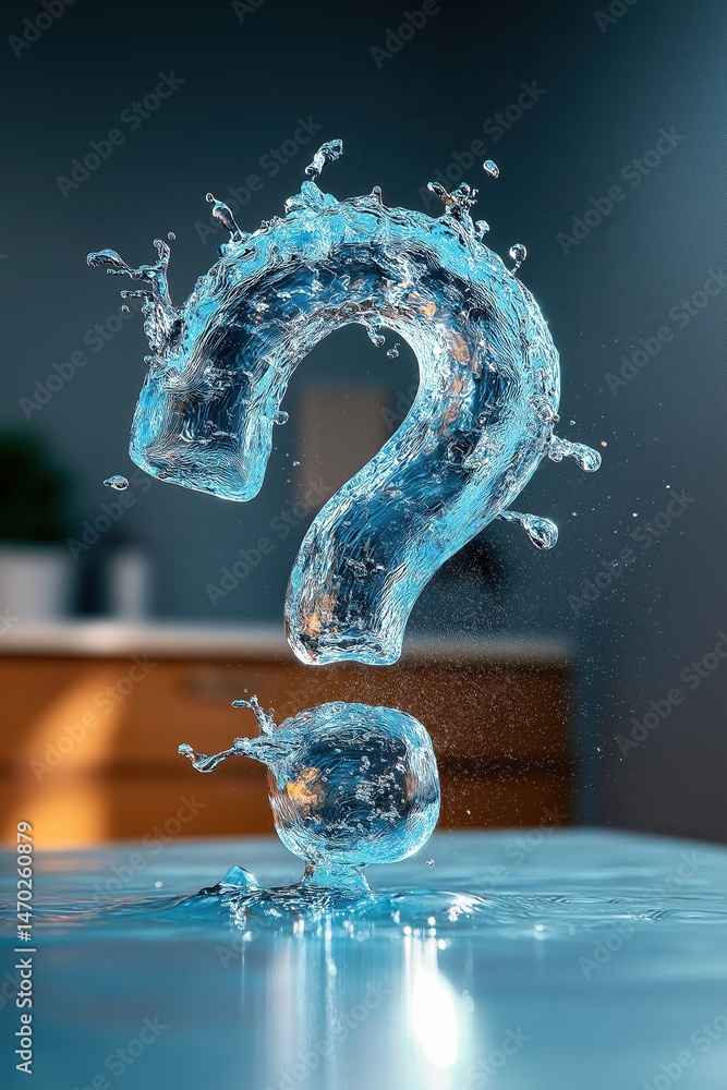 Poster dynamic water flow creates a question mark shape, illustrating inquiry in a fresh and vibrant design