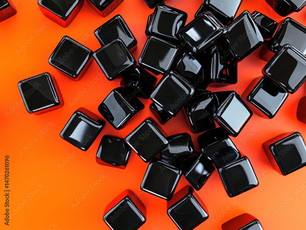 Poster overhead view of geometric shapes scattered on a vibrant orange surface creating a modern abstract c