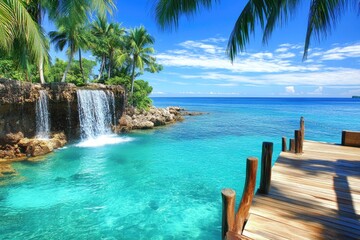 Fototapeta premium Tropical paradise, waterfall, turquoise water, wooden dock