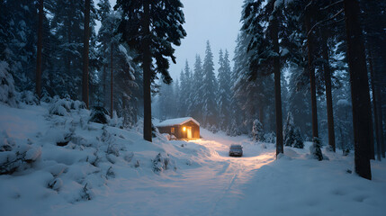 Snowfall in quiet forest with single glowing cabin in distance