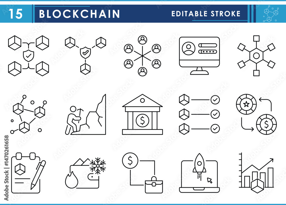 Poster a set of line icons related to blockchain. blockchain, security, crypto, computer, linkage, technolo