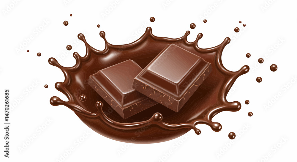 Poster two rectangular pieces of chocolate floating in an empty white space surrounded by a spray of liquid