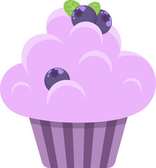 Cupcake with blueberry bilberry on top. Vector sweet food illustration.