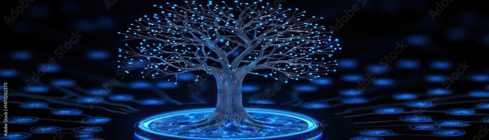Poster A glowing digital tree with circuitry in a dark background