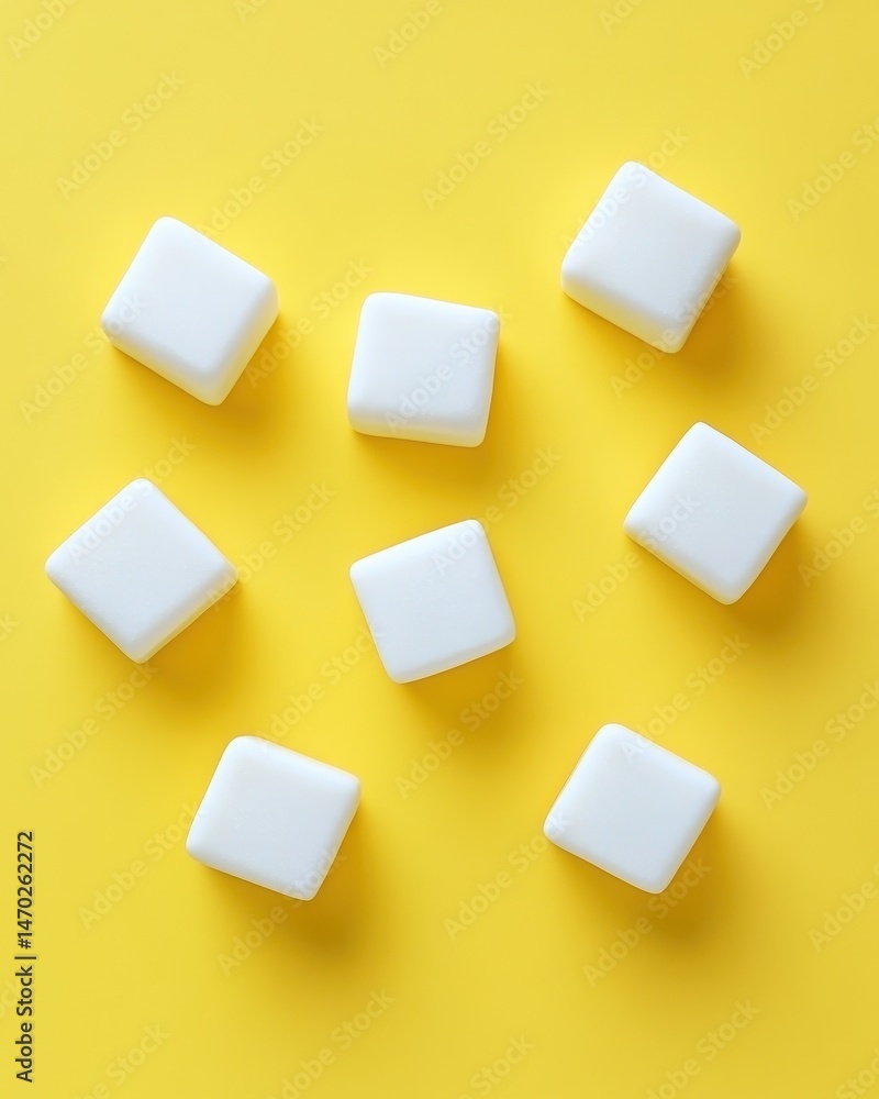 Poster overhead view of scattered white sugar cubes on a vibrant yellow surface creating a contrasting visu