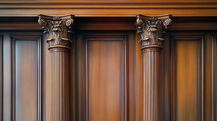 Fototapeta premium Close-up of ornate wooden columns with intricate capitals on detailed wooden wall.