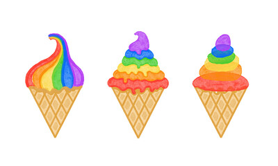 Hand Drawn Rainbow Ice Cream Cones: Colorful Treat Delight