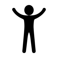 Simple black stick figure silhouette with arms raised in celebration or joy
