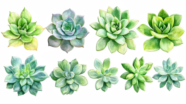 Watercolor succulent plants in a row on PNG transparent background