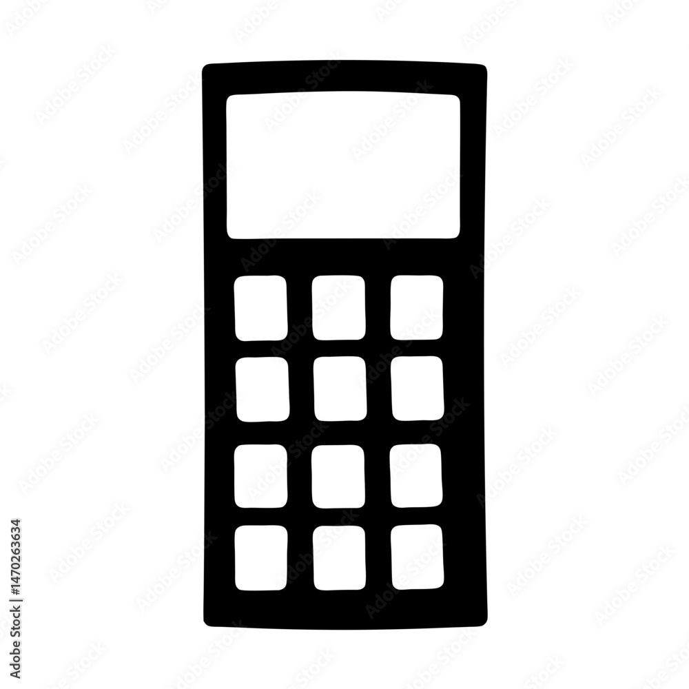Poster cartoon calculator in black and white with twelve buttons and display