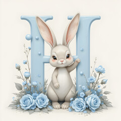 Cute White Bunny with Pink Ears and Blue Roses, Elegant Alphabet "H" with Flourishes for Baby Shower, Easter, Greeting Cards, or Spring Decor
