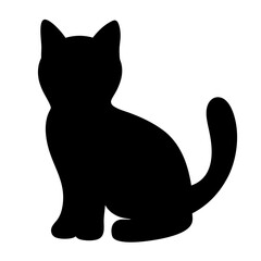 Silhouette of a Sitting Cat, Simple Black Shape on a White Background
