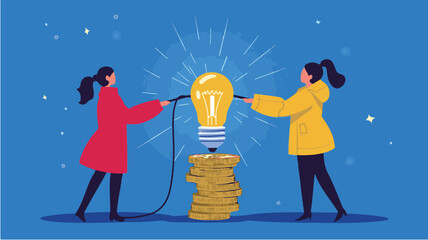 Connecting Ideas To Money Two People Light Bulb And Gold Coins Illustration