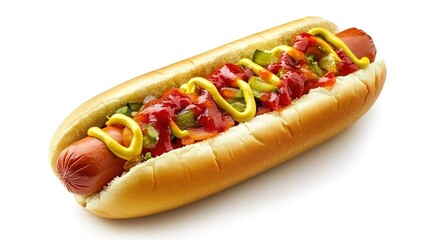 Hot dog with ketchup, mustard, and onions on white background.