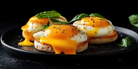 Poached eggs on English muffins with basil and pepper on black plate, tea in background.