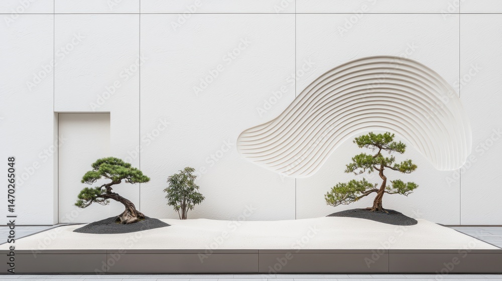 Aufkleber a minimalist architectural display featuring small trees and sand