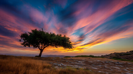 Fototapeta premium Solitary tree standing under a swirling vibrant sunset sky
