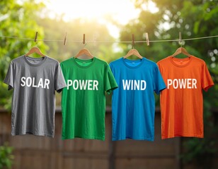 Renewable energy concept. Four t-shirts on a washing line with the words wind, solar, and power written on them in English.