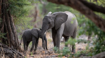Fototapeta premium Calf nursing action shaded area wildlife photography natural habitat close-up elephant care