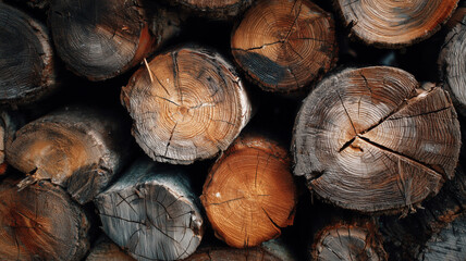 Stacked firewood with visible rings, dry texture, earthy and rustic, masculine warmth