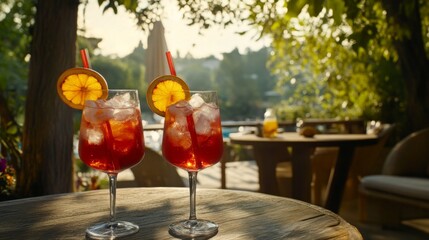 Spritz Aperol cocktail glass with Summer. Banner with space for text. Luxury vacation concept, bar or restaurant design. Alcohol drink as an aperitif at an event, poolside or beach party