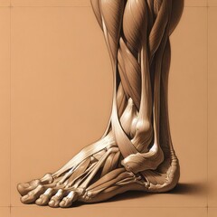 A detailed anatomical drawing of a human foot and lower leg, showcasing muscles, bones, and connective tissues