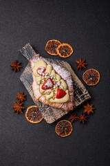 Food for breakfast sweet strawberry croissants with chocolate filling