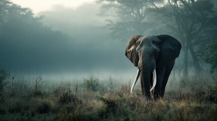 Fototapeta premium Khris elephant in dewy morning light african savanna photography nature serene perspective
