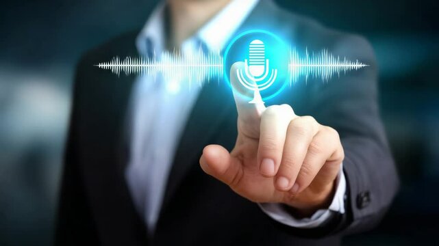 A businessman activating voice recognition technology with a touch.