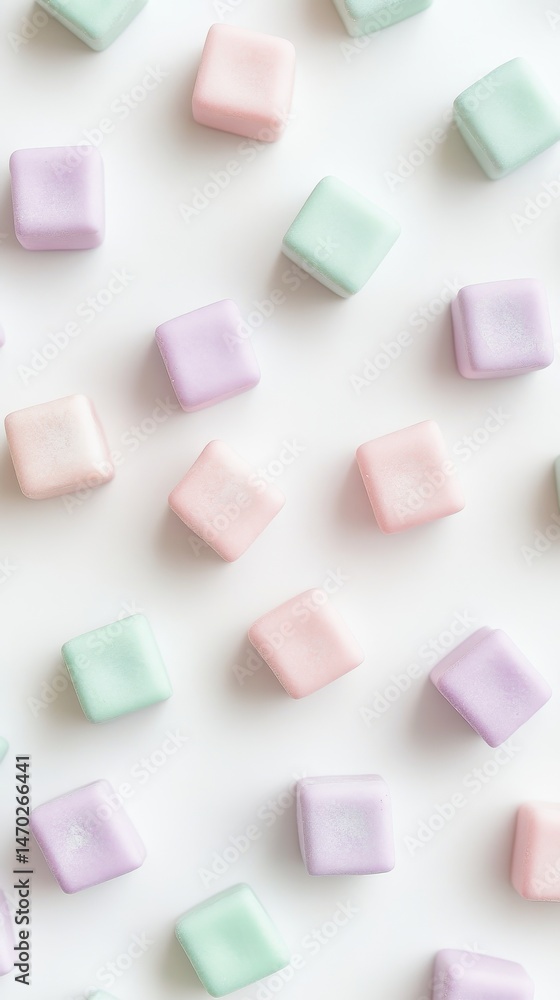 Poster pastel-colored square candies arranged on a clean white surface creating a visually appealing patter