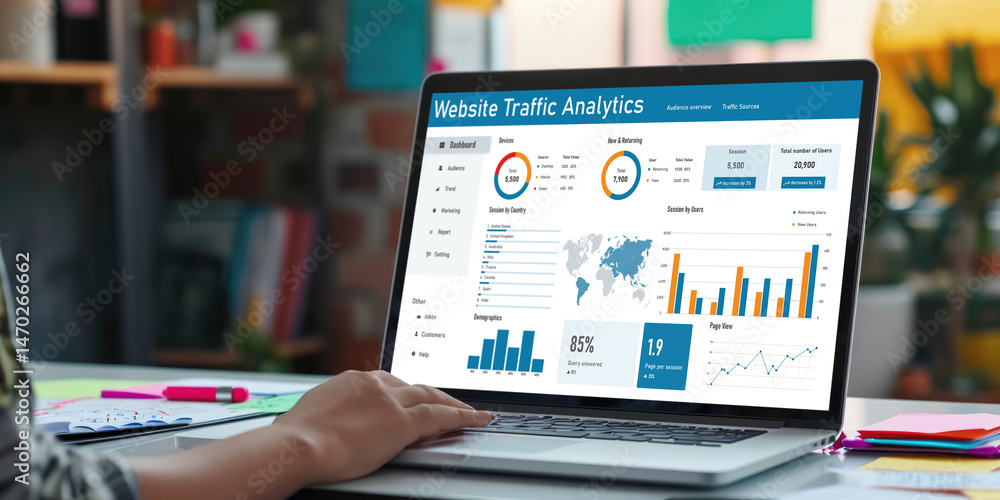 Poster computer software for website traffic analytics data on computer screen. concept of seo search engin