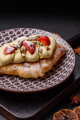 Food for breakfast sweet strawberry croissants with chocolate filling