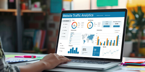 Computer software for website traffic analytics data on computer screen. Concept of SEO search engine optimization and customer targeting for online business brisk