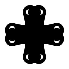 A black cross shape with rounded edges and interior semi circles