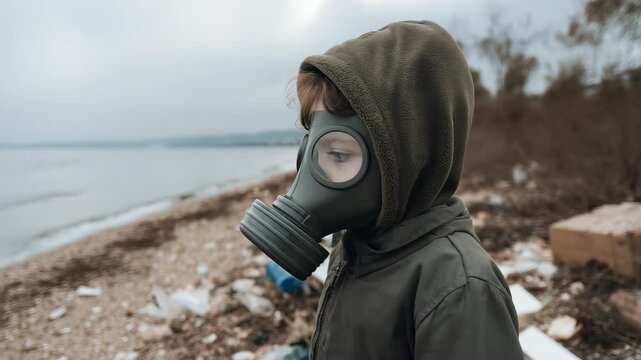 Child Wearing Gas Mask Near Pollution on Beach Surrounded by Trash