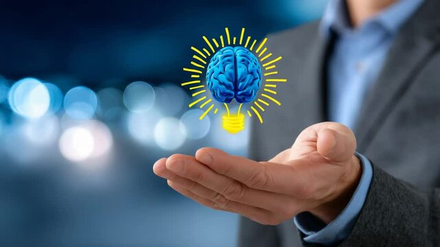 A person holds a glowing brain symbolizing creativity and innovation in business.