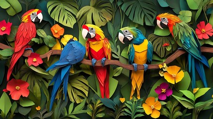 Naklejka premium Paper Macaws Tropical Rainforest.