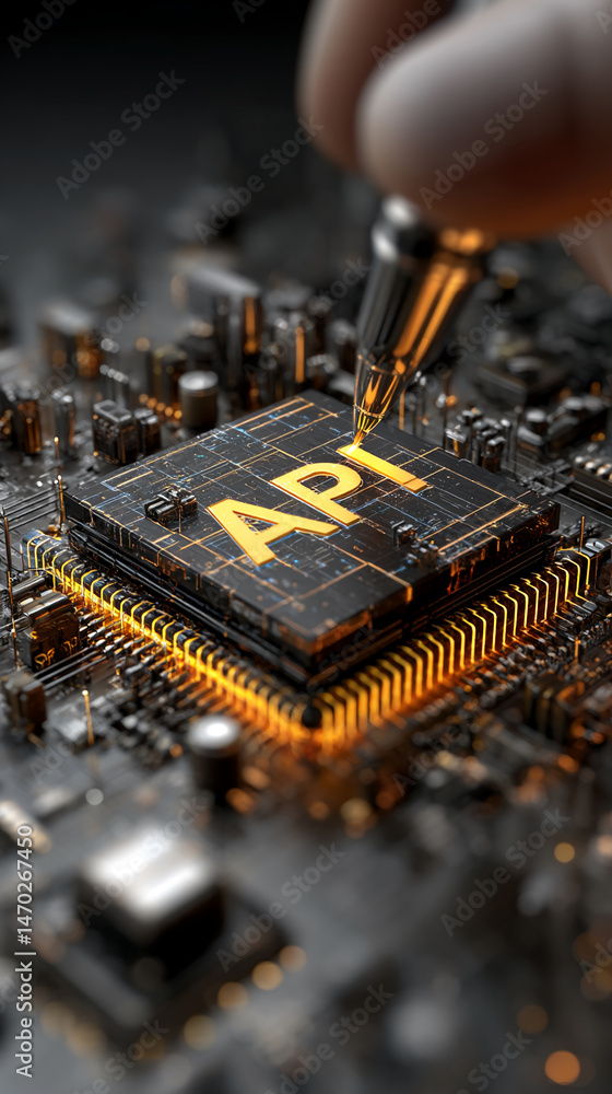 Poster close-up of circuit board with glowing api chip, showcasing technological innovation and programming