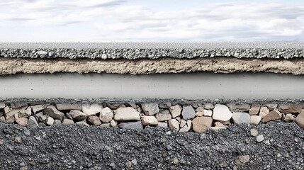  Cross-section of road layers: concrete, stones, soil, asphalt with cloudy sky.