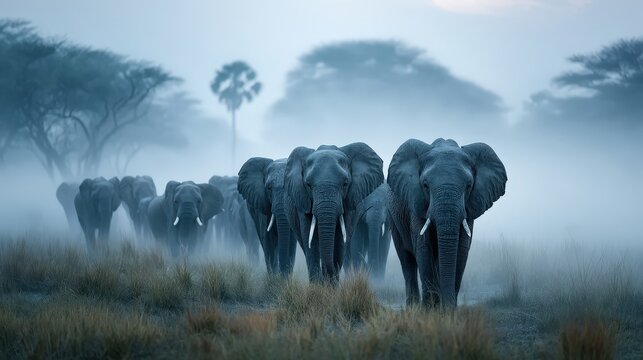 Elephant herd moving through misty savanna at dawn wildlife photography african landscape tranquil environment majestic scene