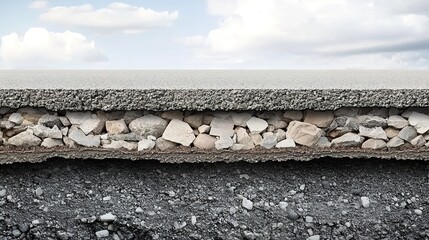  Cross-section of road layers: concrete, stones, soil, asphalt with cloudy sky.