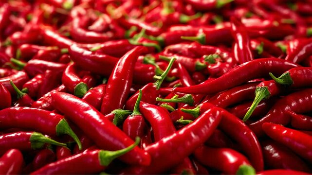 Close up of piled red chili peppers at market stall with vibrant color and fresh green stems