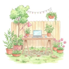 Laptop on Wooden Table in a Garden Workspace